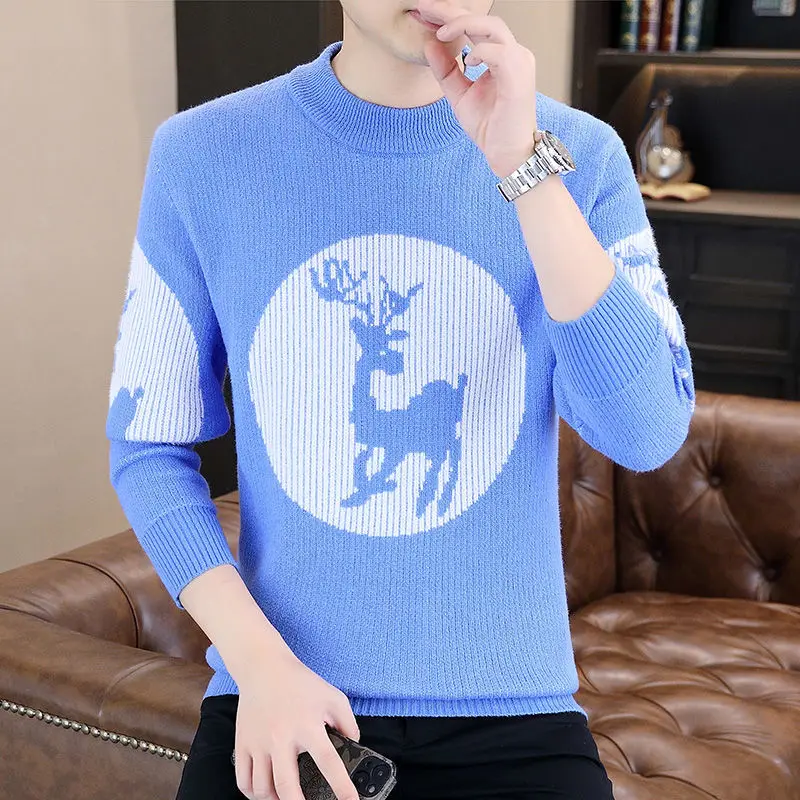 Autumn Winter Men's Clothing Pullover Sweater Knitted Long Sleeve Round Neck Cartoon Contrast Color Casual England Style Tops