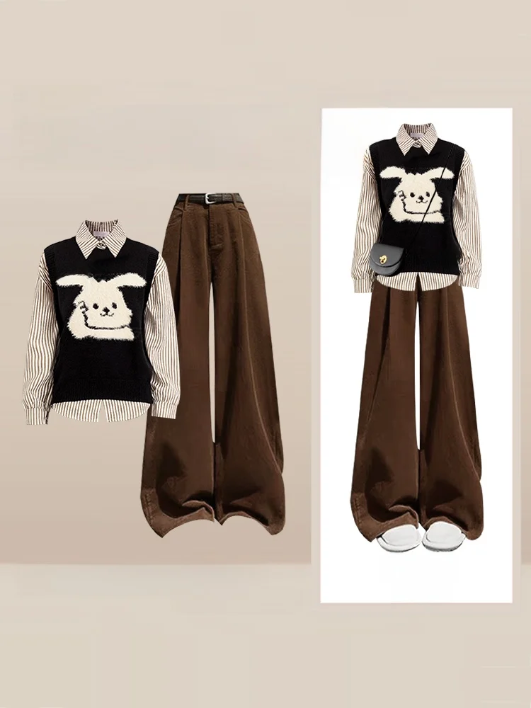초가을 디자인 토끼 프린트 니트 조끼 여성용 스트라이프 커피색 와이드 레그 캐주얼 팬츠 티 세트 패션 앙상블