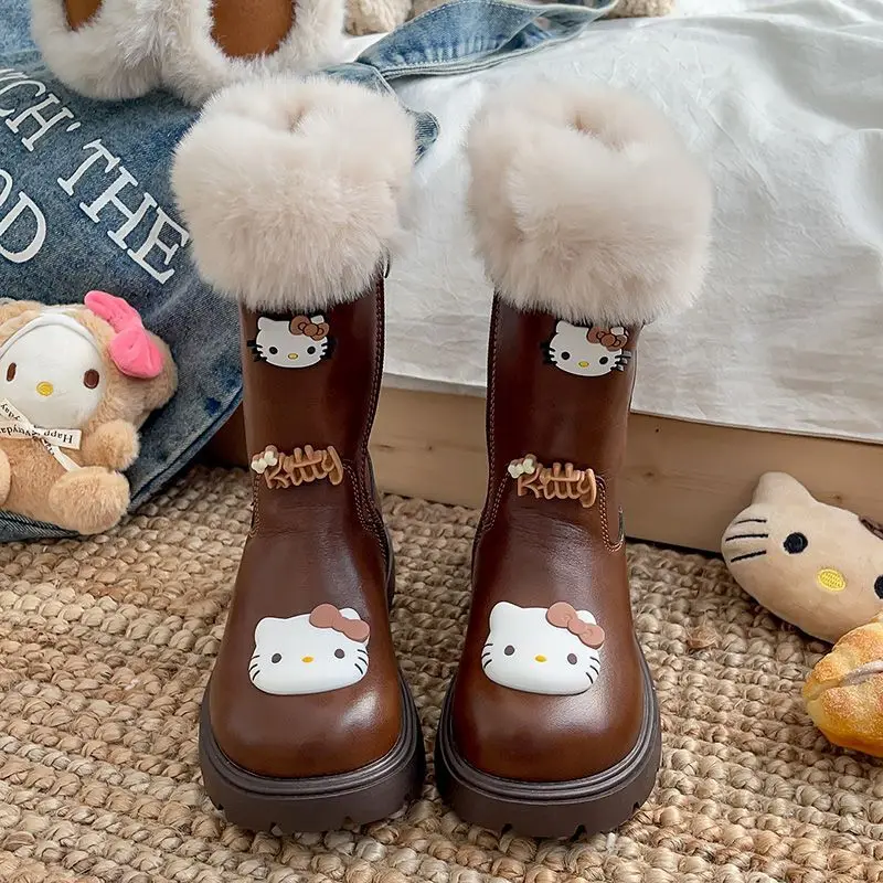 Kawaii سانريو مرحبا كيتي فتاة الكرتون الأحذية الجلدية الشتاء في الهواء الطلق سميكة سوليد أحذية الثلوج مع إضافة الصوف مهرجان هدية