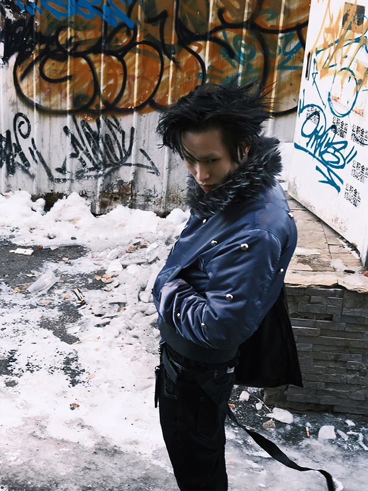 

2025 Autumn Winter Unisex Punk Jacket Short Nylon Coat Low Saturation Detachable Fur Collar