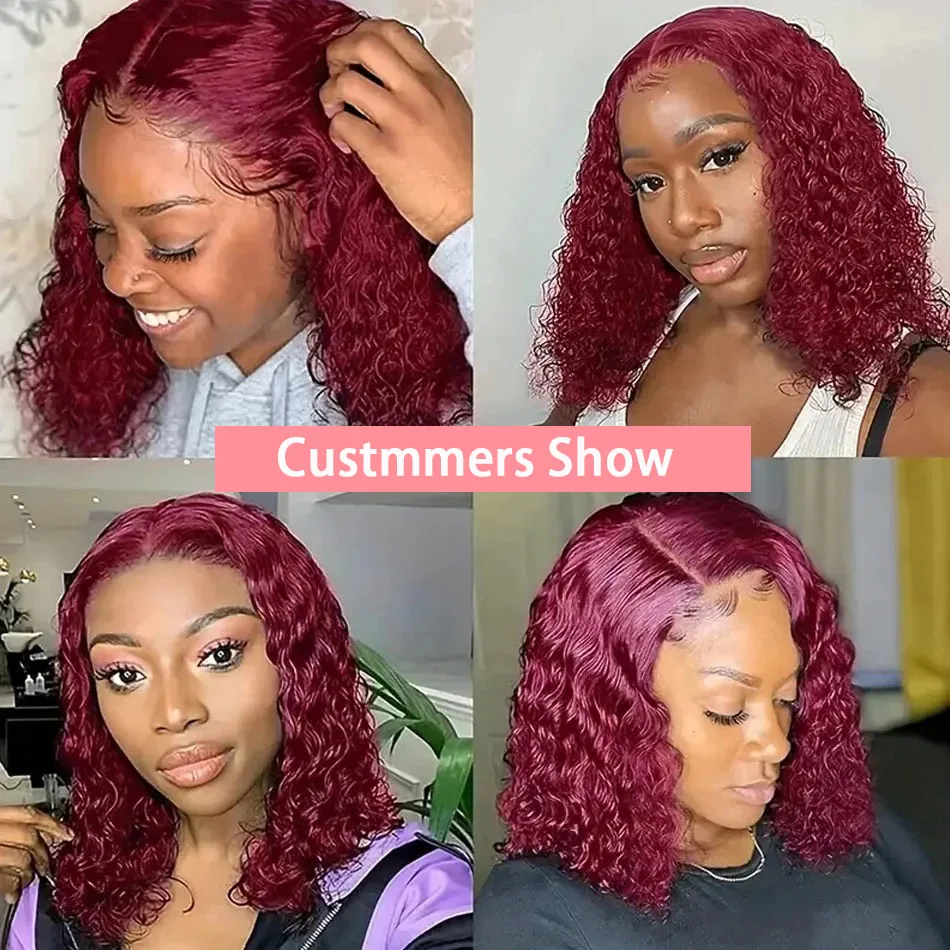 99J Red Deep Water Wave 200% Density Burgundy Short Bob 100% Human Hair 13x4 Lace Frontal Wig Brazilian Remy Closure Curly Wigs