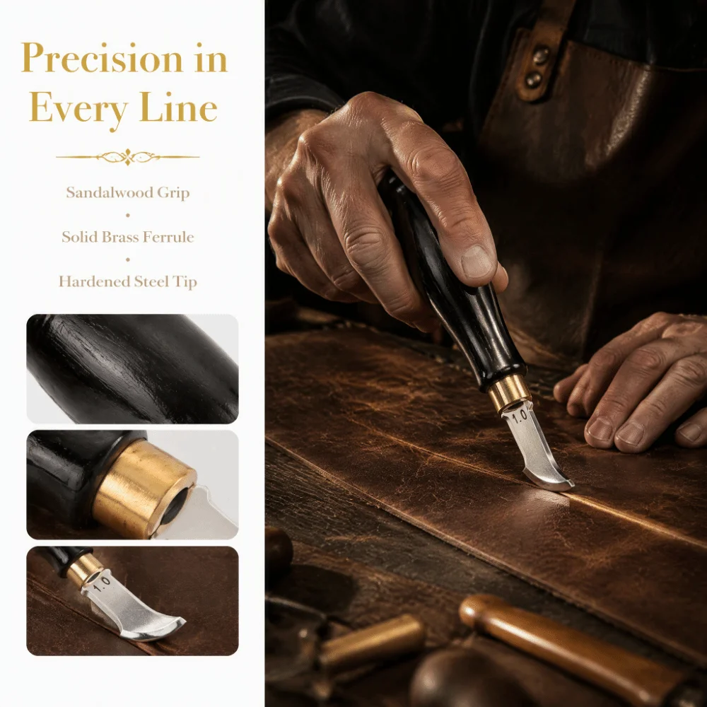 Fan-Shaped Head Leather Edge Creaser Stainless Steel Body Sandalwood Handle Edge Marking Tool Black Wood Handle