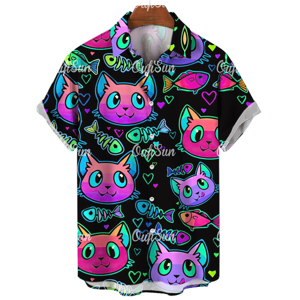 2023 3d Lapel Hawaiian Shirt Man Casual Short Sleeve Anime Shirts Cartoon Men\'s Summer Men Clothes Street Retro Animal Cat