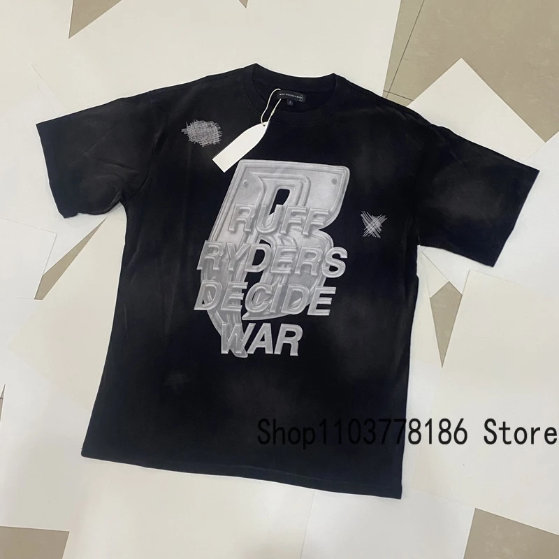 

Men's Clothing Who Decides War T-shirts American Street Loose Washed Black Do Old Tops Breathable Cotton WDW Short Sleeve