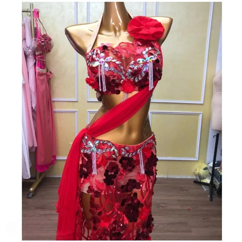 

Индивидуальные костюмы для девочек и взрослых, восточные индийские костюмы для танца живота, фестивальный комплект для соревнований для женщин, бюстгальтер для танца живота, красный
