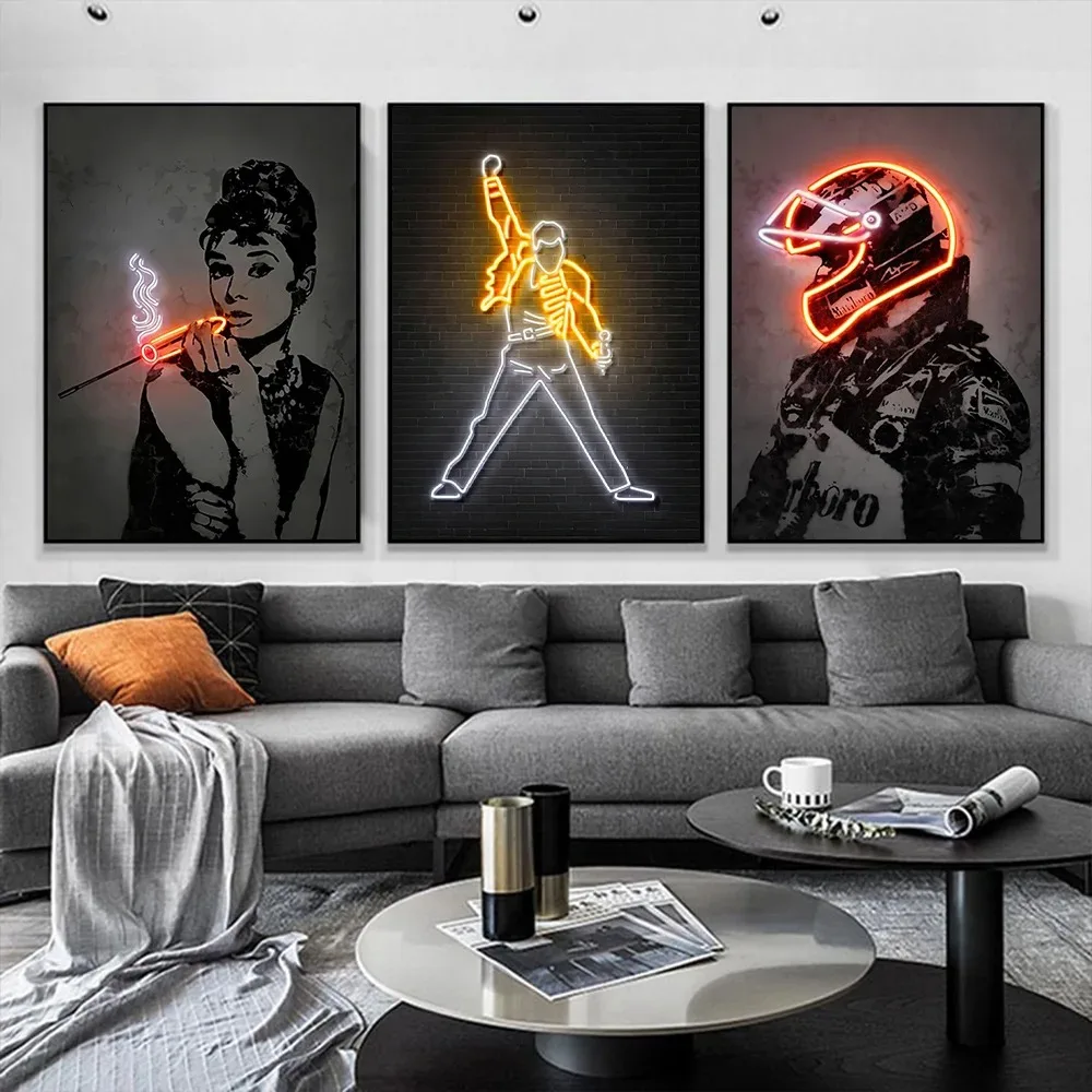Neon Effect Wall Art Poster Balloon Girl Monroe Mona Lisa Van Gogh Starry Night Mural Modern Home Decor Canvas Pictures Prints