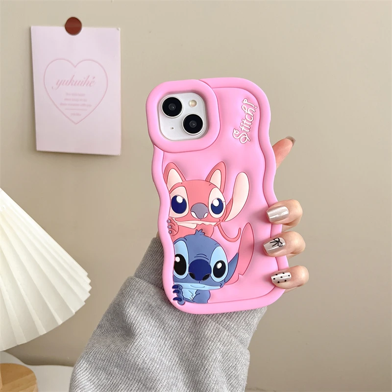 For iPhone 16 15 14 Plus 13 12 Pro Max 11 X Xs So Cute Stitch Wave Side Phone Case Luxury 3D Cartoon Soft Silicone Cover Couple