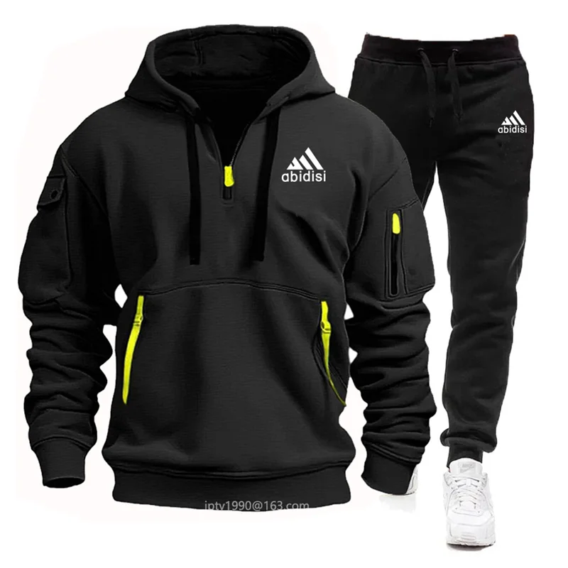 Men\'s designer clothing casual jogging tracksuit multi-pocket zipper hoodie + Black trousers autumn and winter two-piece set