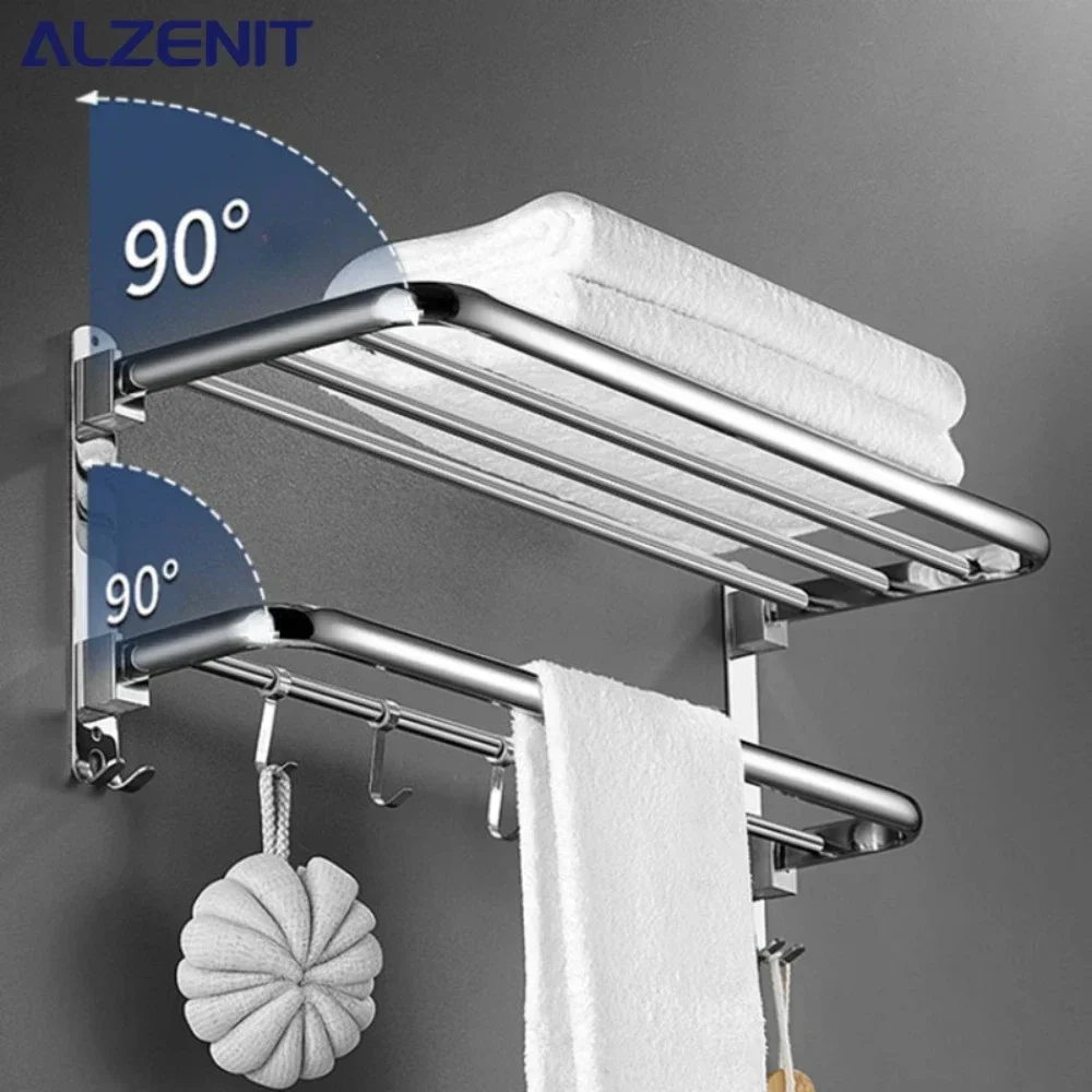 

No-hole Thickened Stainless Steel Towel Rack Toilet Bathroom Accessories Double Folding Shelf Wall-mounted Shower Towel Rack