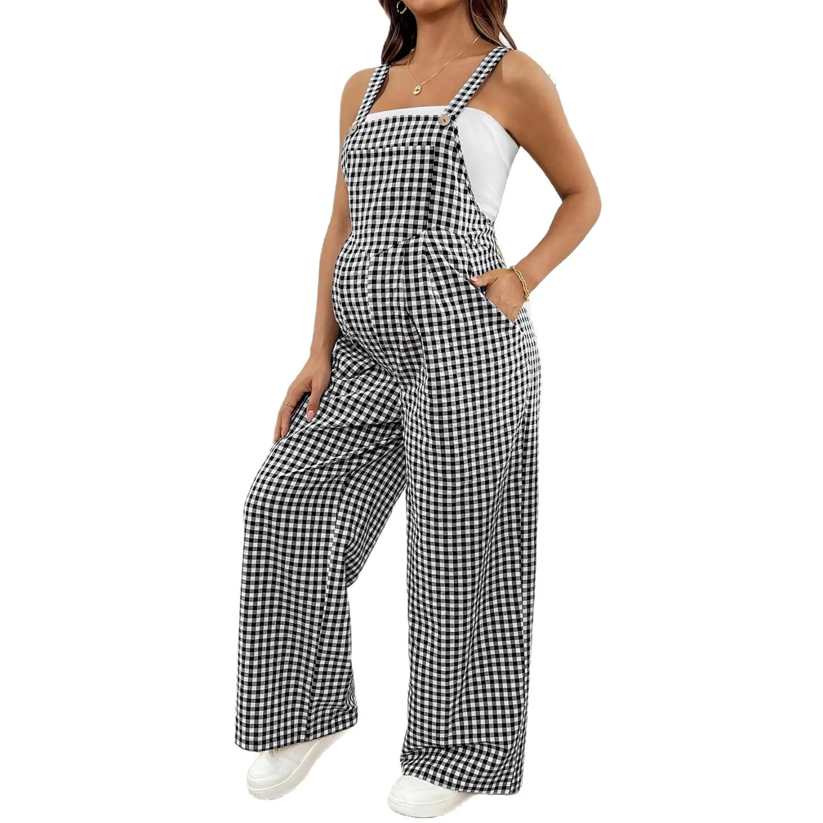 

Maternity Pregnant Women Overalls Plaid Print Loose Wide-leg Jumpsuit Rompers Spring Summer Casual Pregnancy Clothing