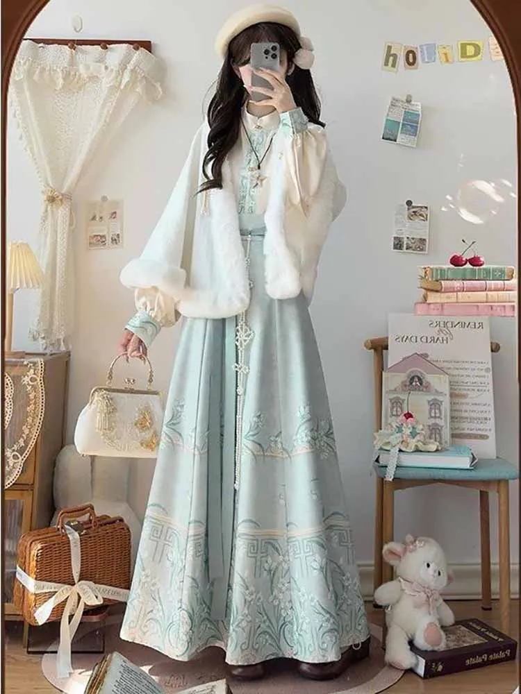Oversized Women Winter Hanfu Dress Chinese Lunar New Year Costume White Thickened Short Coat Inner Top with Skirt 3pcs Hanfu Ses