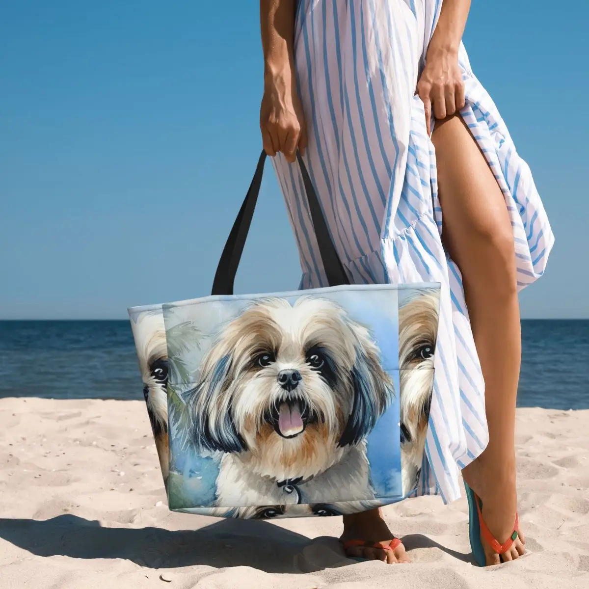 

Shih Tzu On The Beach Beach Tote Bag Sport Gym Yoga Duffle Large Tote Bag Women Travel Bag Fitness bag