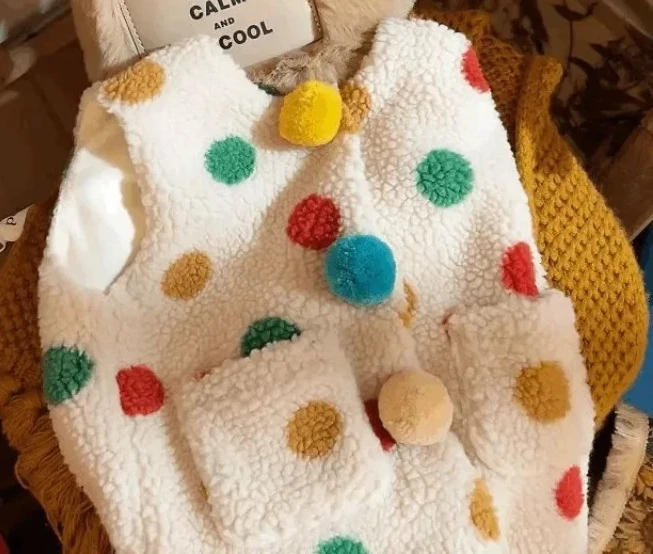 

Childrens Vest for Winter Warmth Colored Polka Dot Velvet Buttons Korean Children Lamb Wool Top Casual Wear