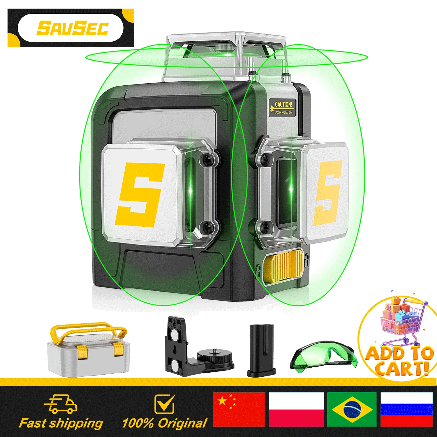 

SAVSEC 12 Lines 3D Laser Level Green Beam Self-Leveling 360° Horizontal ＆ Vertical Cross Lines Laser Tools With Lithium Battery