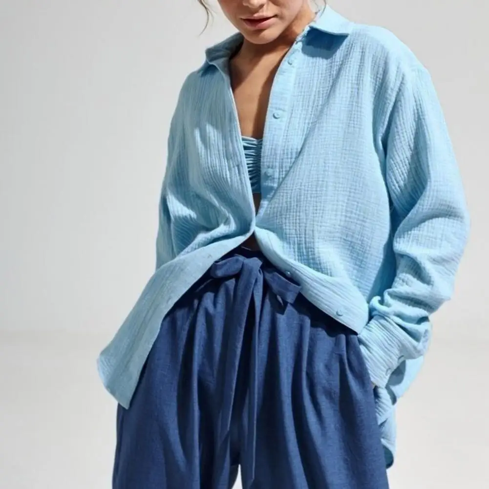 قميص نسائي أبيض سادة ، سيدة غير رسمية للمكتب ، مطوية للأسفل ، أكمام طويلة ، تونك ، توبات فضفاضة ، الربيع ، الخريف ،!