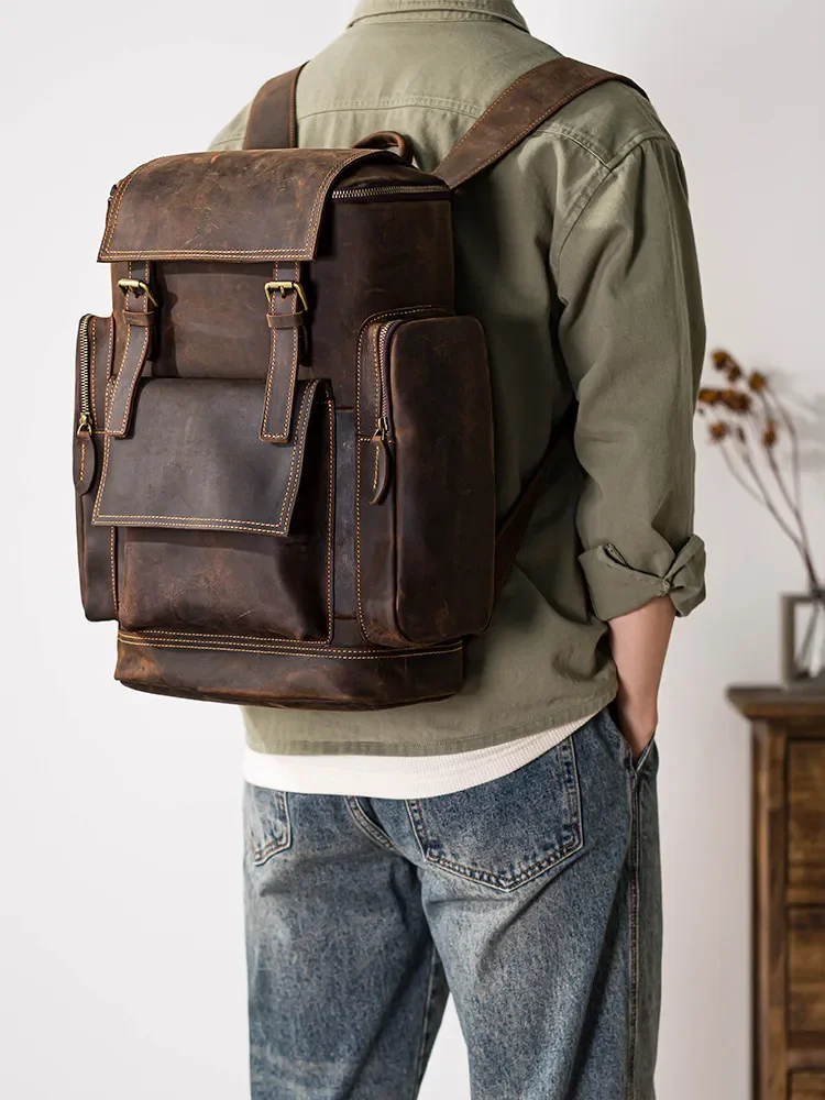 Genuine leather retro handmade large-capacity backpack first-layer cowhide travel backpack bag
