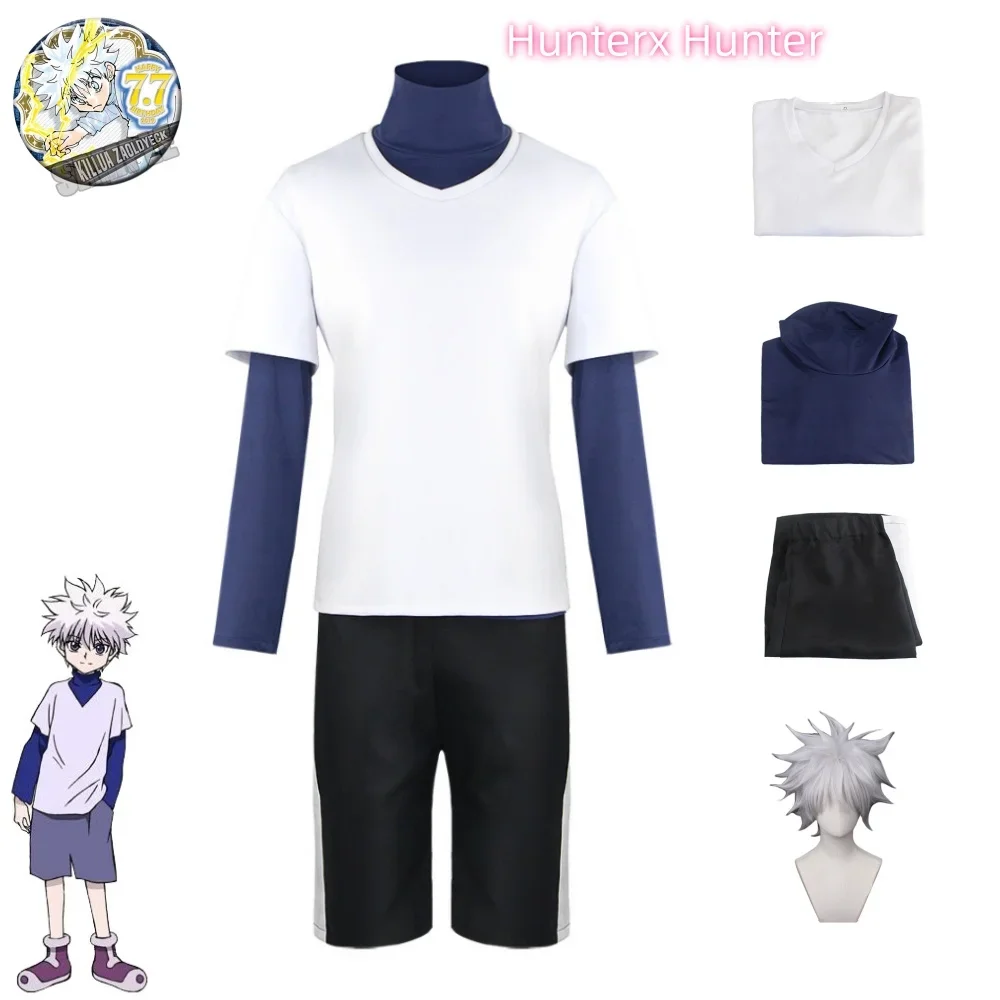 

Hunter x Hunter Killua Zoldyck Cosplay Costume Number 99 Badge Halloween Christmas Party Cosplay Suit Shirt Short White Wig