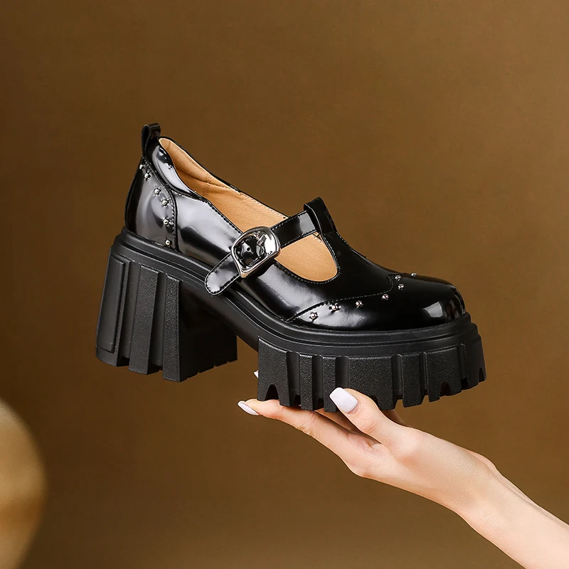 

Loafers Women Genuine Leather Studded Round Toe Extreme Platform Heel Deep Cutout Black Edgy Handmade Shoes
