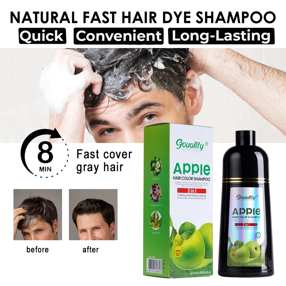 Gouallty Green Formula Black Hair Dye Shampoo Organic Easy Use 5 mins Fast Result Apple Hair Color For Cover Gray White Hair
