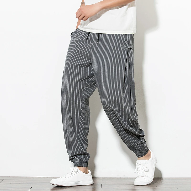 

Harajuku Cotton Linen Harem Casual Pants Men 2023 New Fashion Striped Spring Mens Joggers