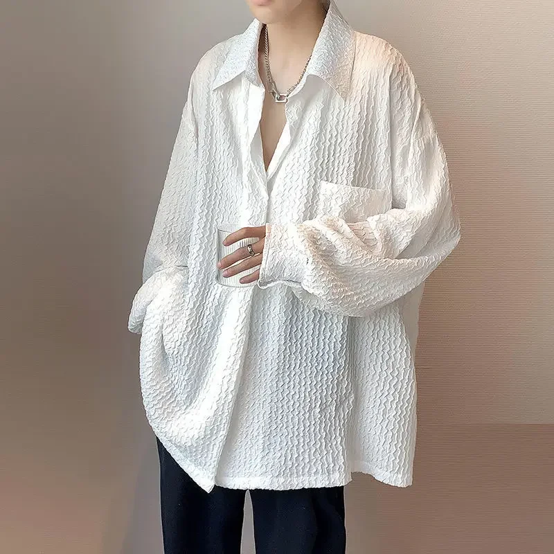 

Mens Korean Fashion Harajuku Streetwear Y2K Single Button Shirts Spring Autumn Oversized White Chic Tops Long Sleeve A57