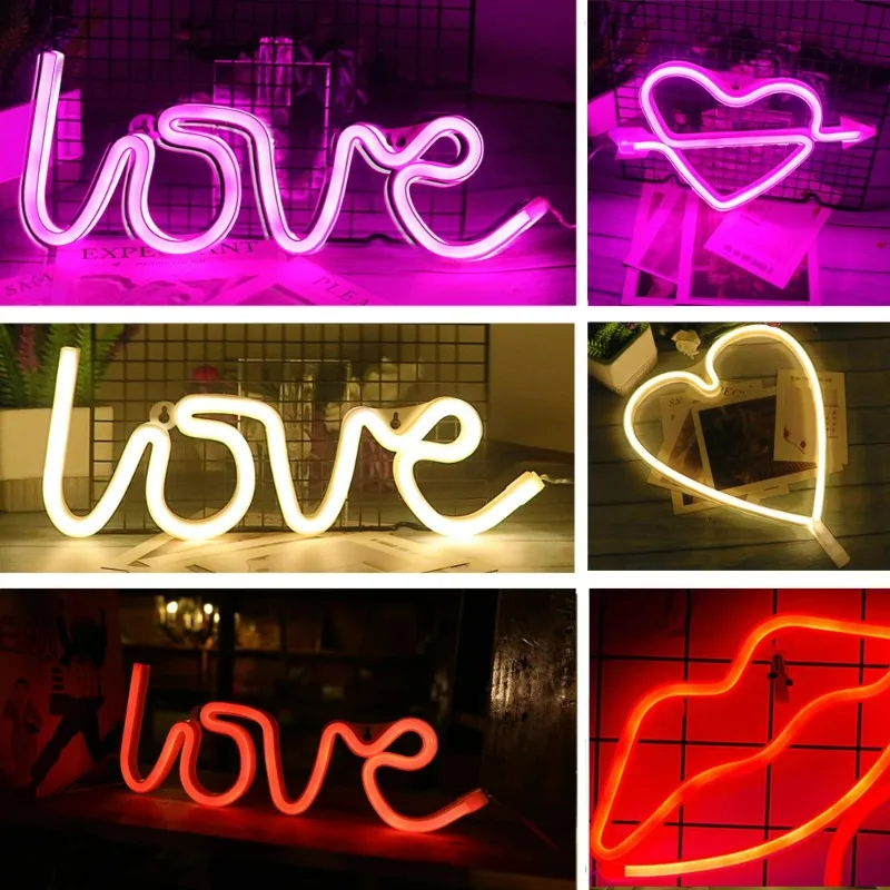 Led Night Light Battery USB Charging LED Neon Light Sign LOVE HEART Wedding Party Decoration Valentines Day Night Lamp Gift