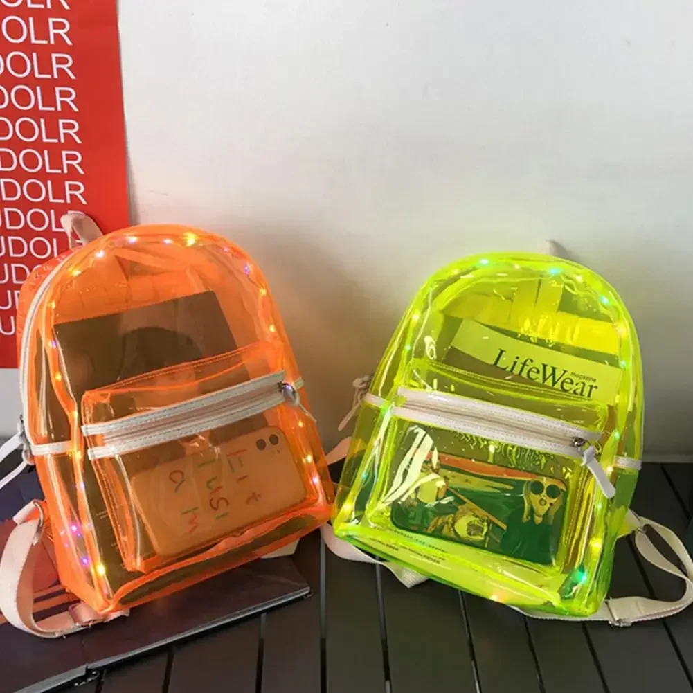 LED Lights Unisex Backpack PVC Transparent Clear Backpack Harajuku School Bag Girl Boys Lumious Night Outdoor Travel Bag New