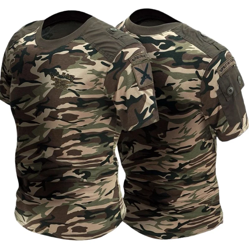 Mens Camouflage Tactical T-shirt Half Sleeved Multiple Pockets Training Tops Size XS-4XL Cotton Breathable Quick Drying Tees