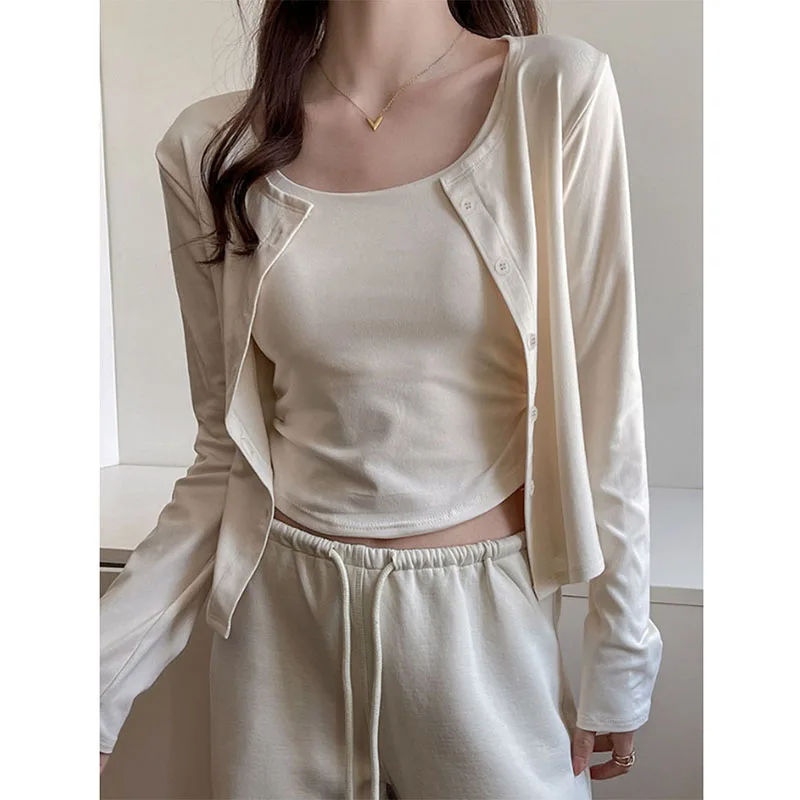 Korean Long Sleeve Thin Cardigan Ladies Versatile Casual O-Neck Sunscreen Cardigans Woman Solid Color Single-Breasted Crop Tops