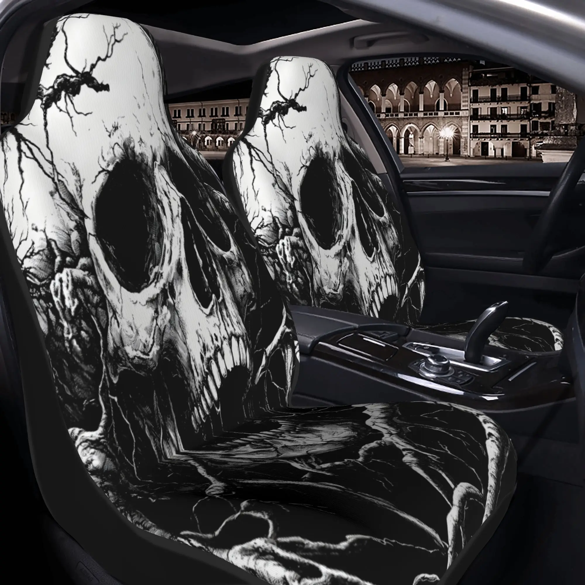 Two Pieces Of Artwork Featuring A Human Skull Intertwined With Gnarled Tree Roots In And. These Car Seat Covers Are Designed For