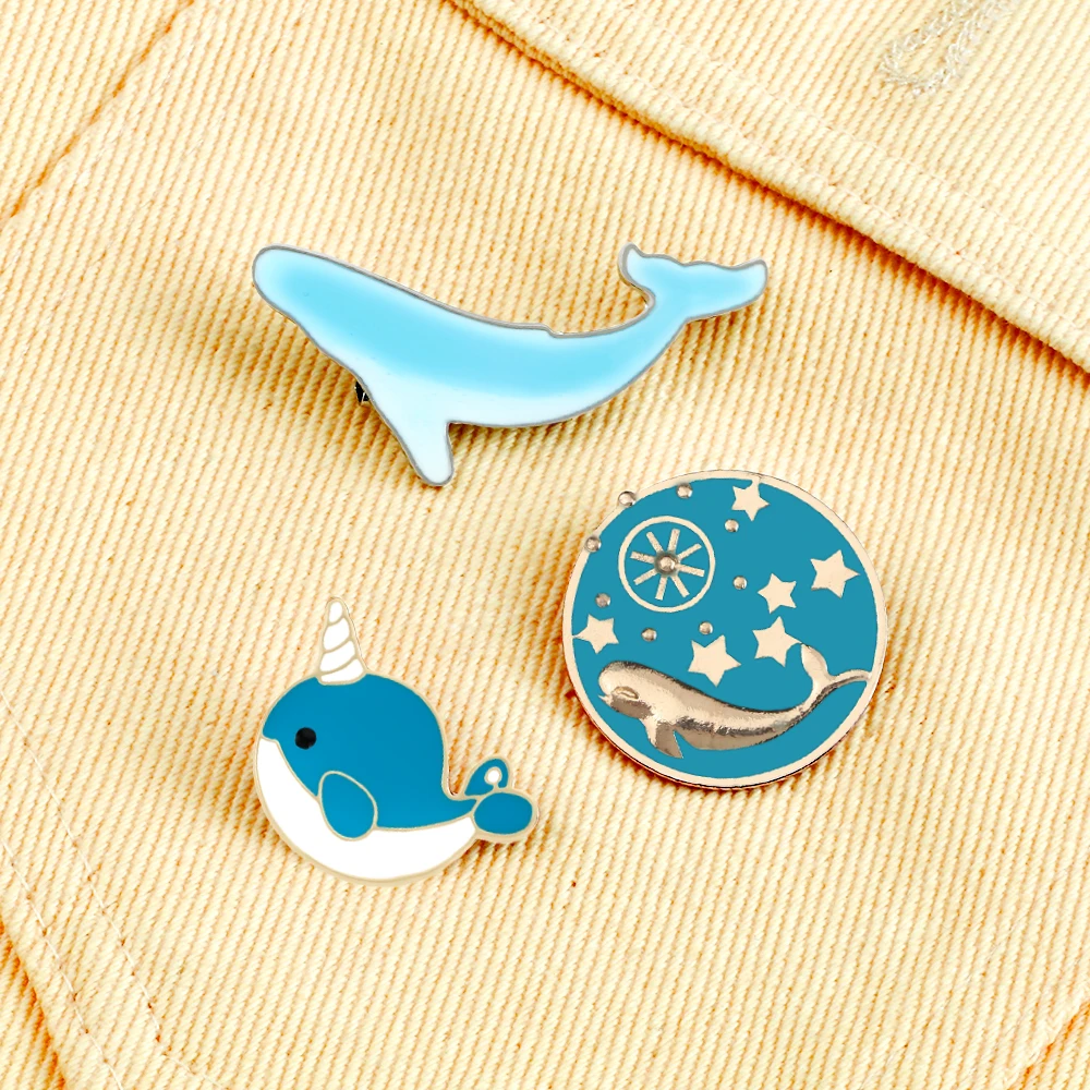 3 Styles Cool Blue Color Animal Enamel Pins Cute Dolphin Whale Brooches Women Coat Lapel Pin Badges Jewelry Gift for Friend New