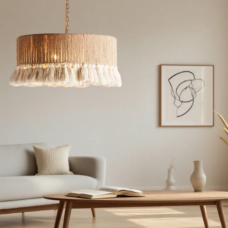 

Винтажный подвесной светильник в богемном стиле из пеньковой веревки E27 с подвесками-кисточками, для столовой, кухонного острова, в стиле фермерского дома, для зоны отдыха