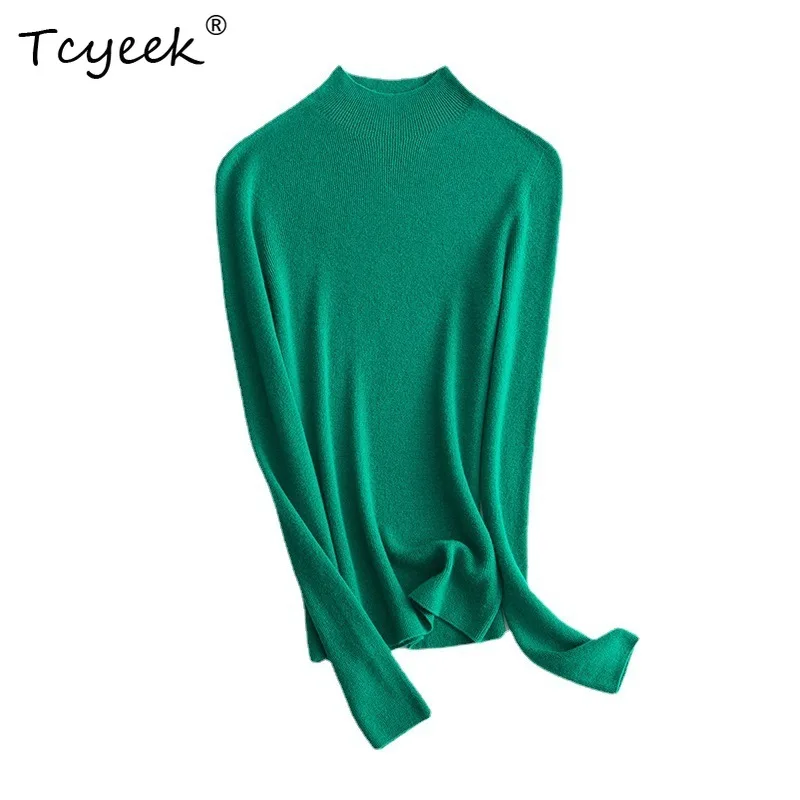 Tcyeek, 18G, 100% lana pura, Otoño Invierno, suéteres de punto con cuello simulado para mujer, Tops de colores macarrón, camiseta interior básica de oficina para mujer T3N565QM