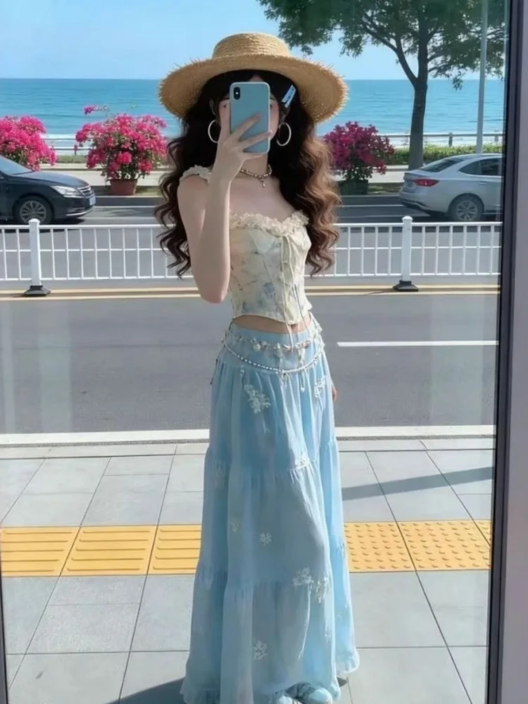 

Island Holiday Floral Print Lace Trim Two-Piece Set Short Sleeve Breathable Mesh Dress French Style Casual Summer Fashion