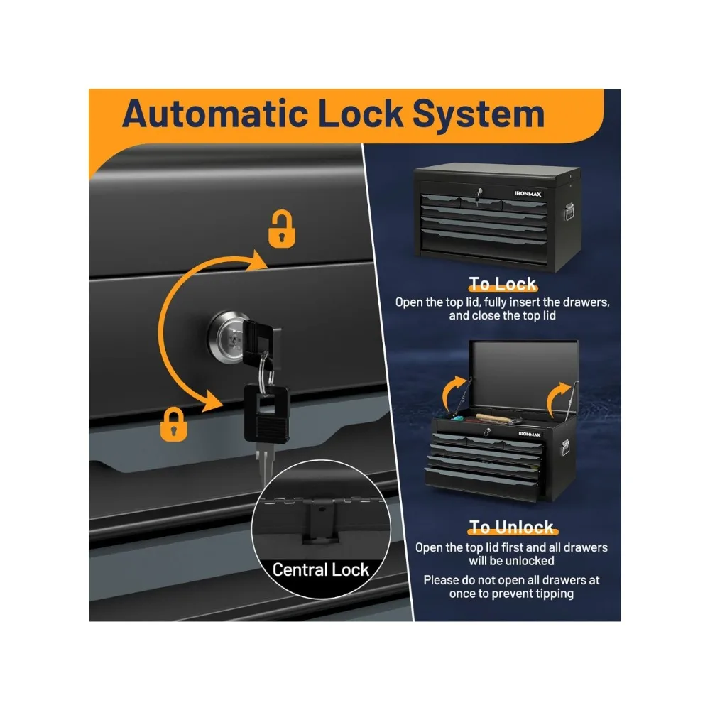 Ящик для инструментов, стальной ящик для инструментов с 6 ящиками 24 дюйма и верхним лотком для инструментов, автоматическим замком, защитными вкладышами, ручкой, гладкими сторонами шарикоподшипника