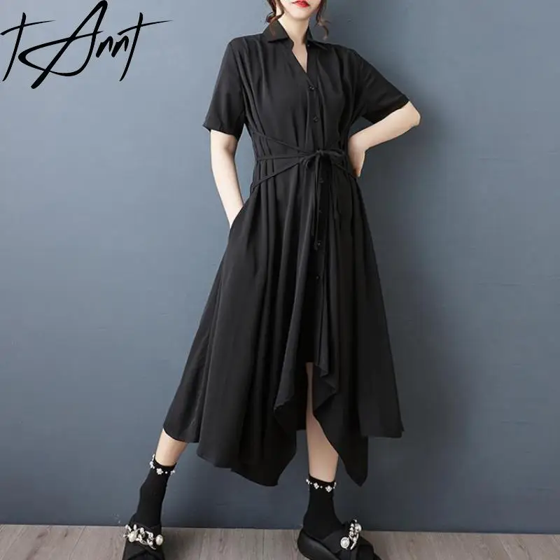 

Tannt Women Dress Asymmetry Bandage Long Shirts Dresses For Women Irregular Short Sleeves Fashion Long Summer Dresses 2025 New