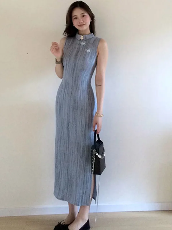新しい中国風ノースリーブ改良チャイナドレス女性の夏のハイウエスト痩身ロングドレスヴィンテージスタイルファッショナブル