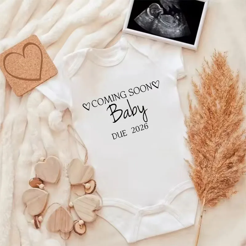

Baby Announcement Coming Soon 2026 Newborn Romper Summer Boys Girls Bodysuit Body Pregnancy Reveal Clothes Infant Jumpsuit