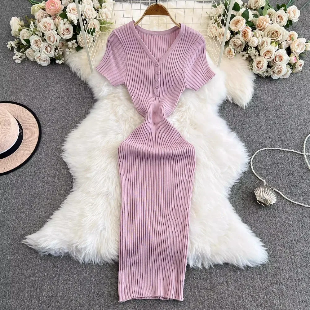 Foamlina Elastic Knit Bodycon Dress for Women Female 2024 New Waist Cinching and Slimming Orange V-neck Knitted Dress Sweater