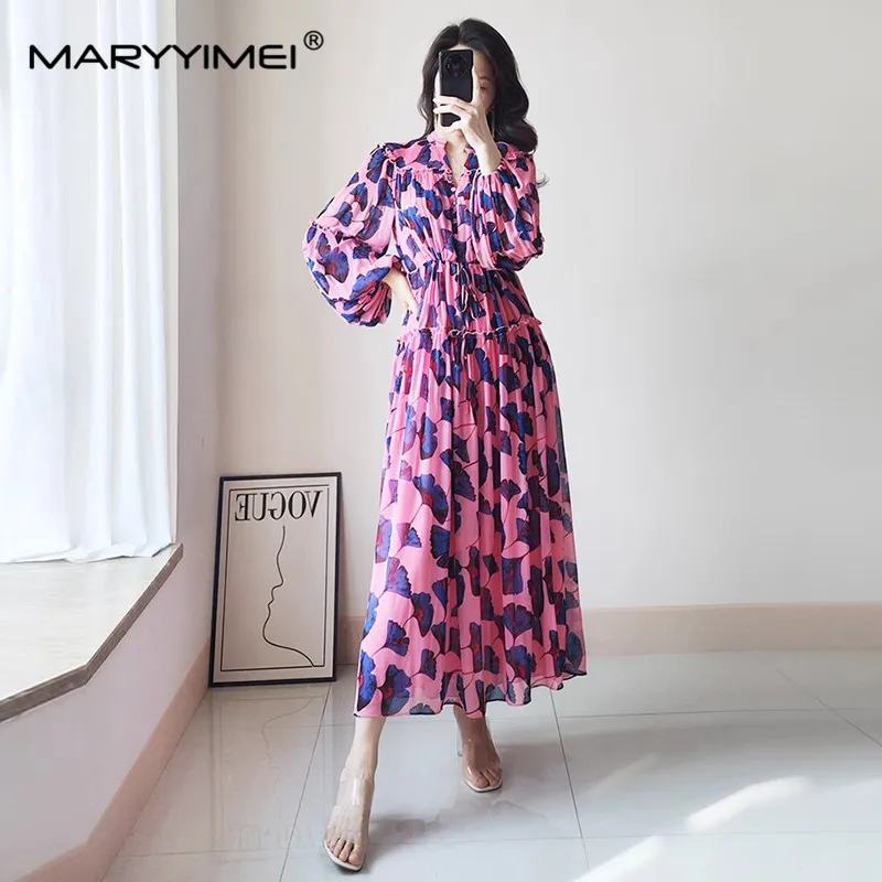 

MARYYIMEI New Fashion Women's 2024 Spring New Lantern Long-Sleeved Pink Ginkgo Printed Holiday Shirt Pleated Lace A-Line Dress