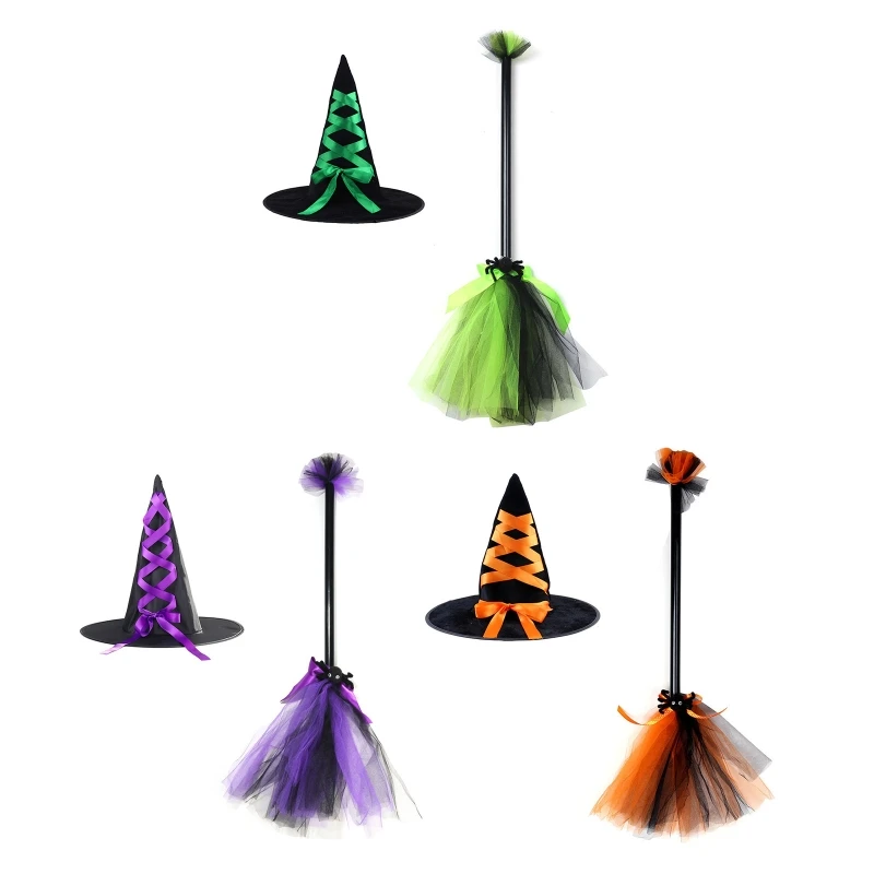 Novelty Magic Witch Broom Witch Hat Set Halloween Dress Up Atmosphere Party Dress Up Props for Masquerade Party