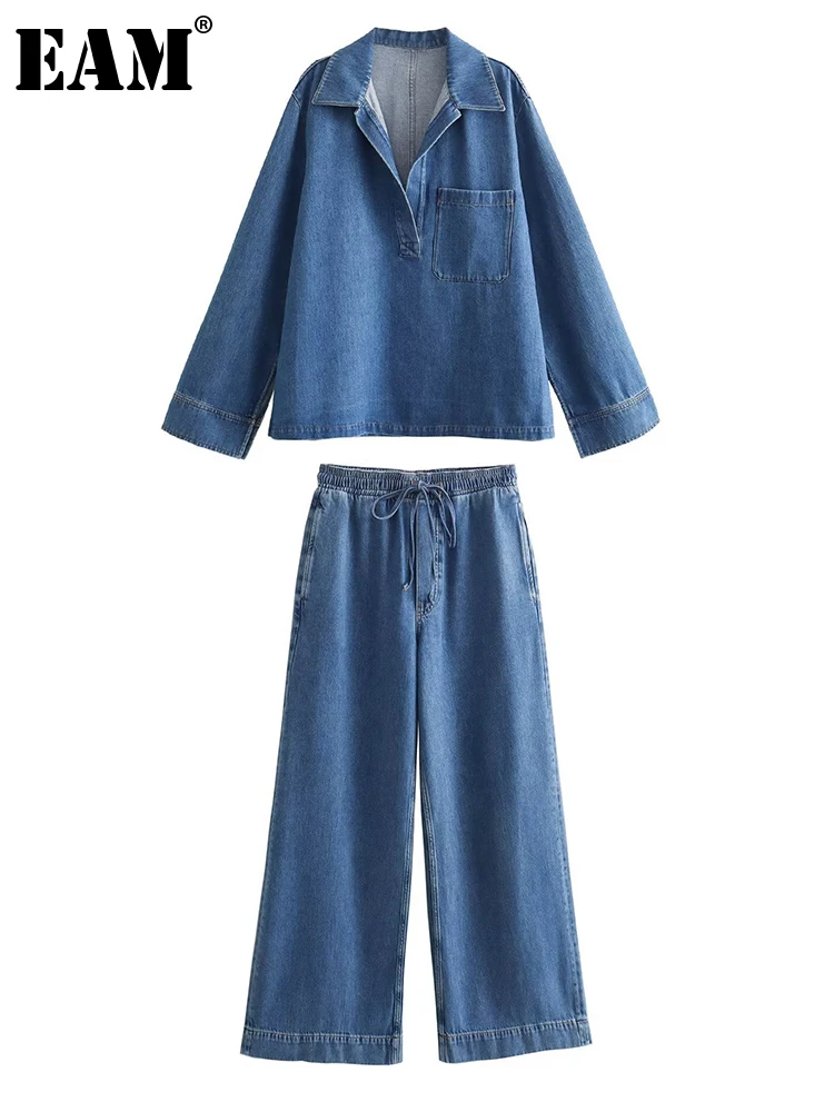 [EAM] Big Size Blue Denim Shirt Wide Leg Pants Two Piece Suit New Lapel Long Sleeve Women Fashion Spring Autumn 2024 1DH6390