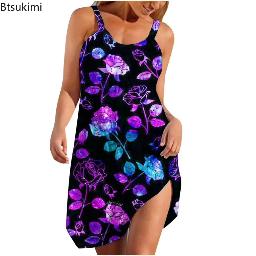 New 2024 Women's Summer Beach Sling Dress Bohemia Print Backless Sleeveless Dress Female Urban Casual Commuter Princess Skirt