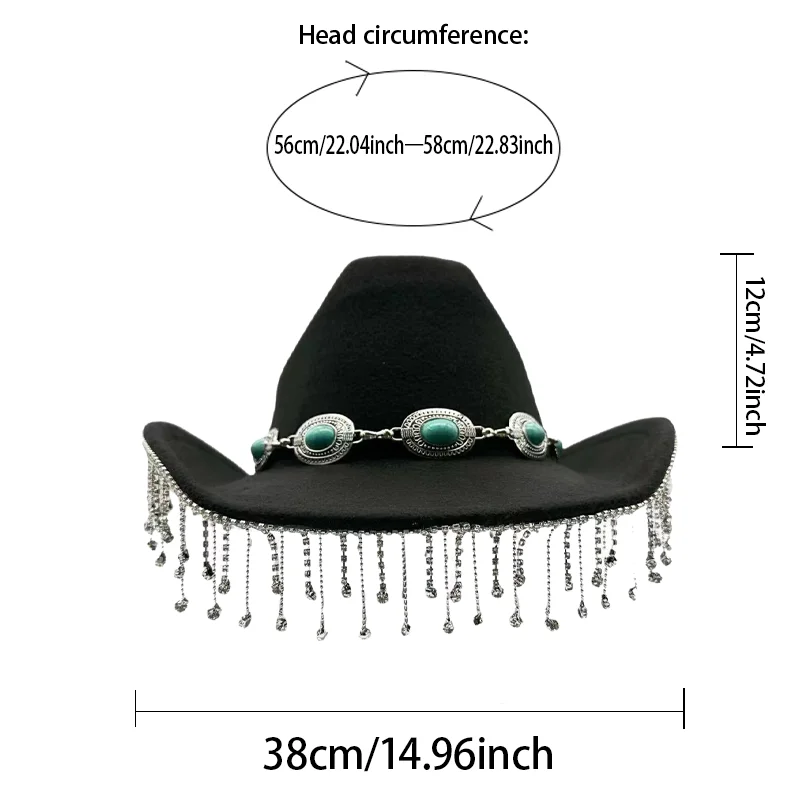 HongLuan Black Bohemia Costume Hat, Disco Cowboy Hats Rhinestone for Woman, Cowboy Cosplay Female Accessories & Cowgirl Cap