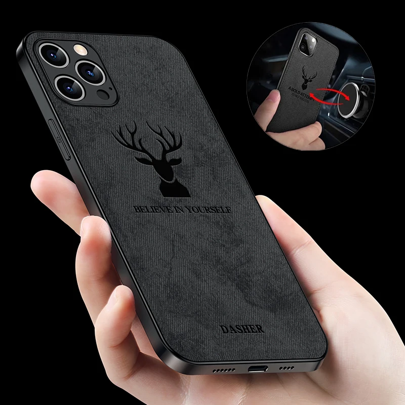 Fashion Cloth Case For iPhone XR X Xs Max 11 13 14 15 Pro Max 12 Mini SE 15 Plus 7 8 Build-in Magnet iron Cover Deer Cat Shell