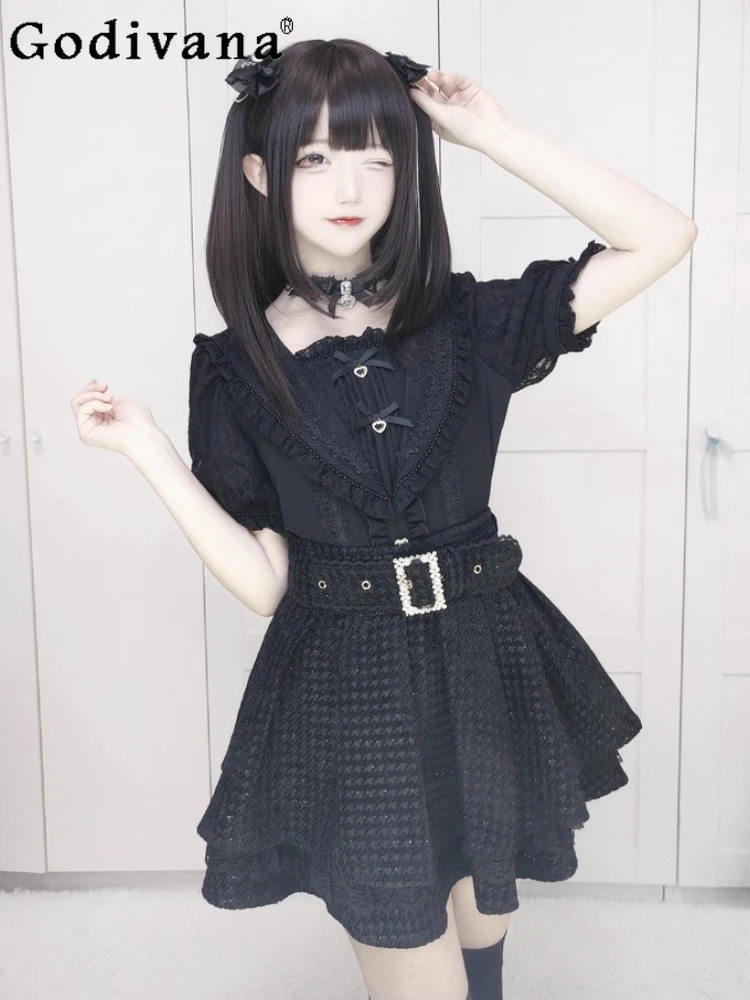 

Japanese Mine Mass-Produced Black and White Shirt Summer Girl's Subculture Sweet Cute Bow Navy Collar Lolita Blouses Y2K Top