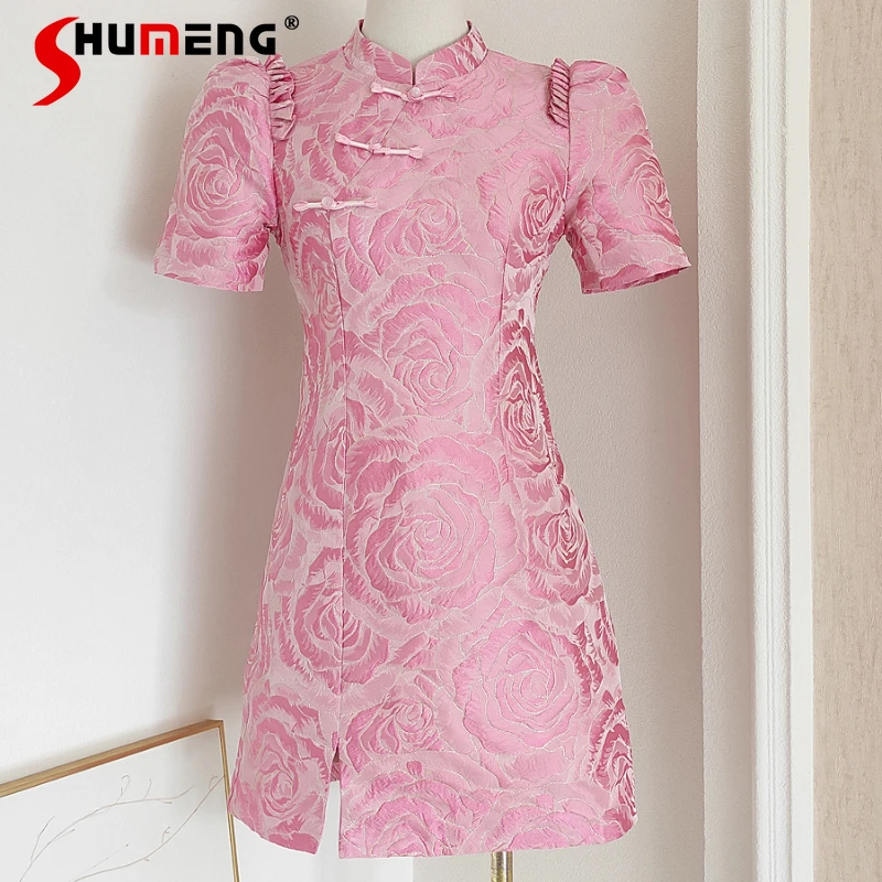 

Chinese Style Unique Design Vestido Gold Thread Rose Embossed Jacquard Buckle Improved Waist-Tight Slim Fit Slit Cheongsam Dress