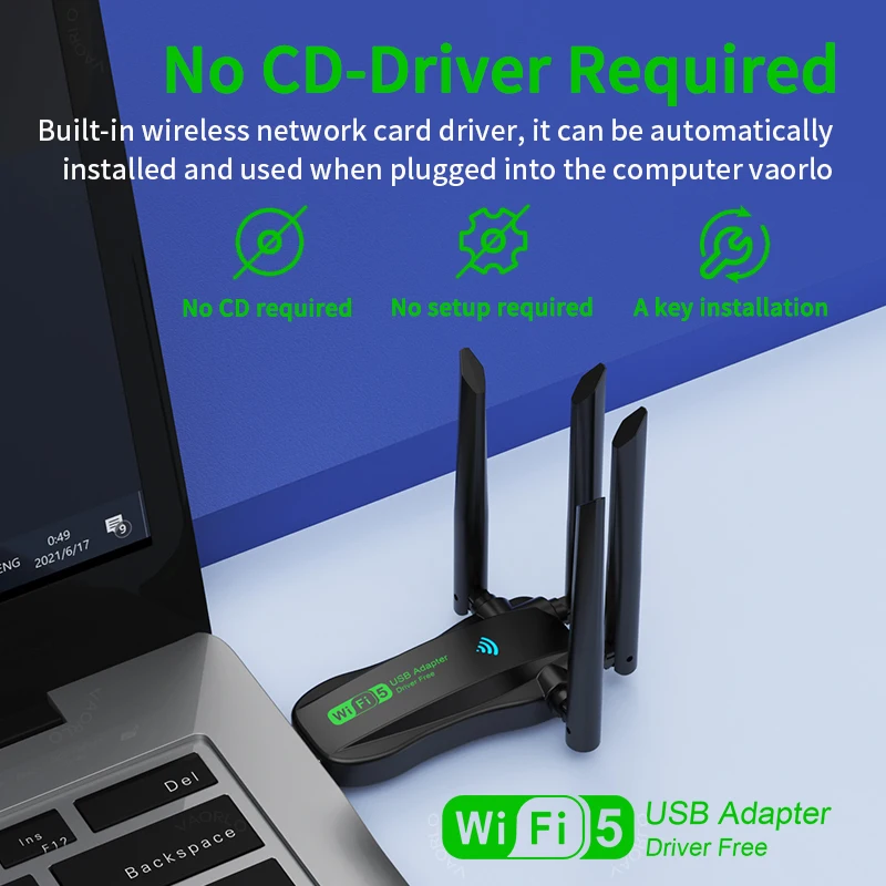 

USB-адаптер Wi-Fi 1200 Мбит/с, двухдиапазонный (2.4G/5.8G), Wi-Fi 5, с 4 антеннами, USB 3.0, беспроводной приемник для ПК и ноутбуков, без драйверов