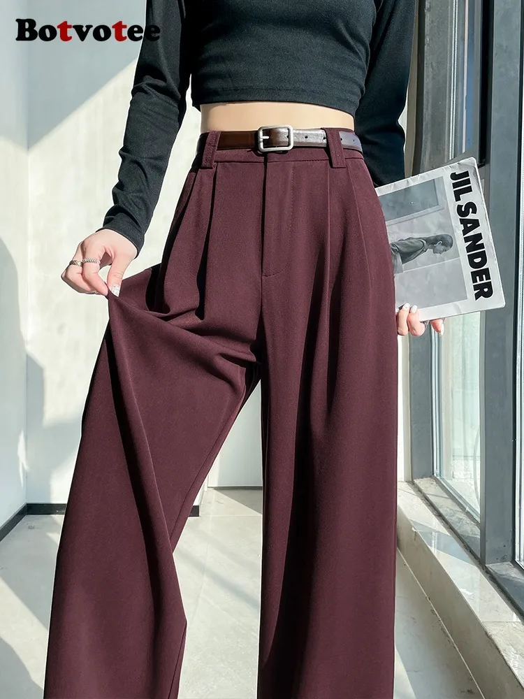 Botvotee Burgundy Suits Pants for Women Office Lady Elegant High Waist Wide Leg Fashion Trousers with Pockets Black Gray