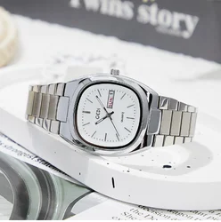 Double Calendar Women's Watch Premium Solid Steel Waterproof Women's Niche Elliptical Dial Steel Butterfly Buckle Quartz Watch